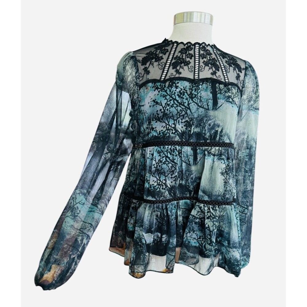 ANTHROPOLOGIE Woman M Harlyn Pavia Printed Sheer Lined Long Sleeve Blouse Top